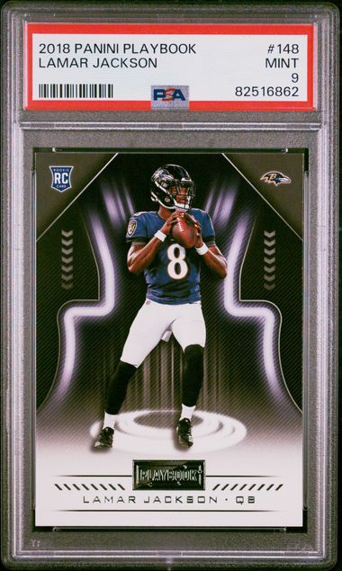 Lamar Jackson 2018 Panini Playbook Football Rookie Card #148 Graded PSA 9-Powers Sports Memorabilia