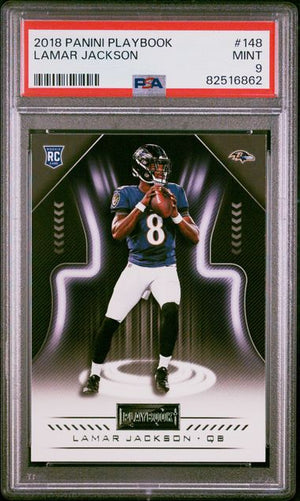 Lamar Jackson 2018 Panini Playbook Football Rookie Card #148 Graded PSA 9-Powers Sports Memorabilia