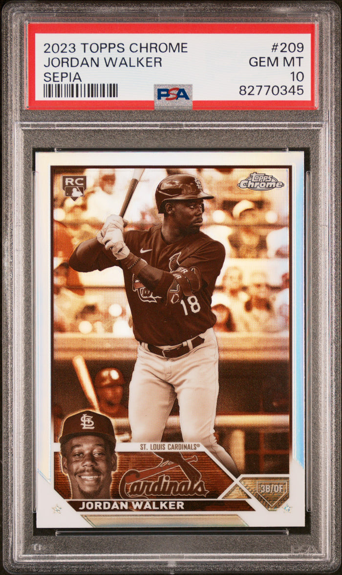 Jordan Walker 2023 Topps Chrome Sepia St. Louis Cardinals Baseball RC Rookie Card #209 Graded PSA 10 Cert #82770345-Powers Sports Memorabilia