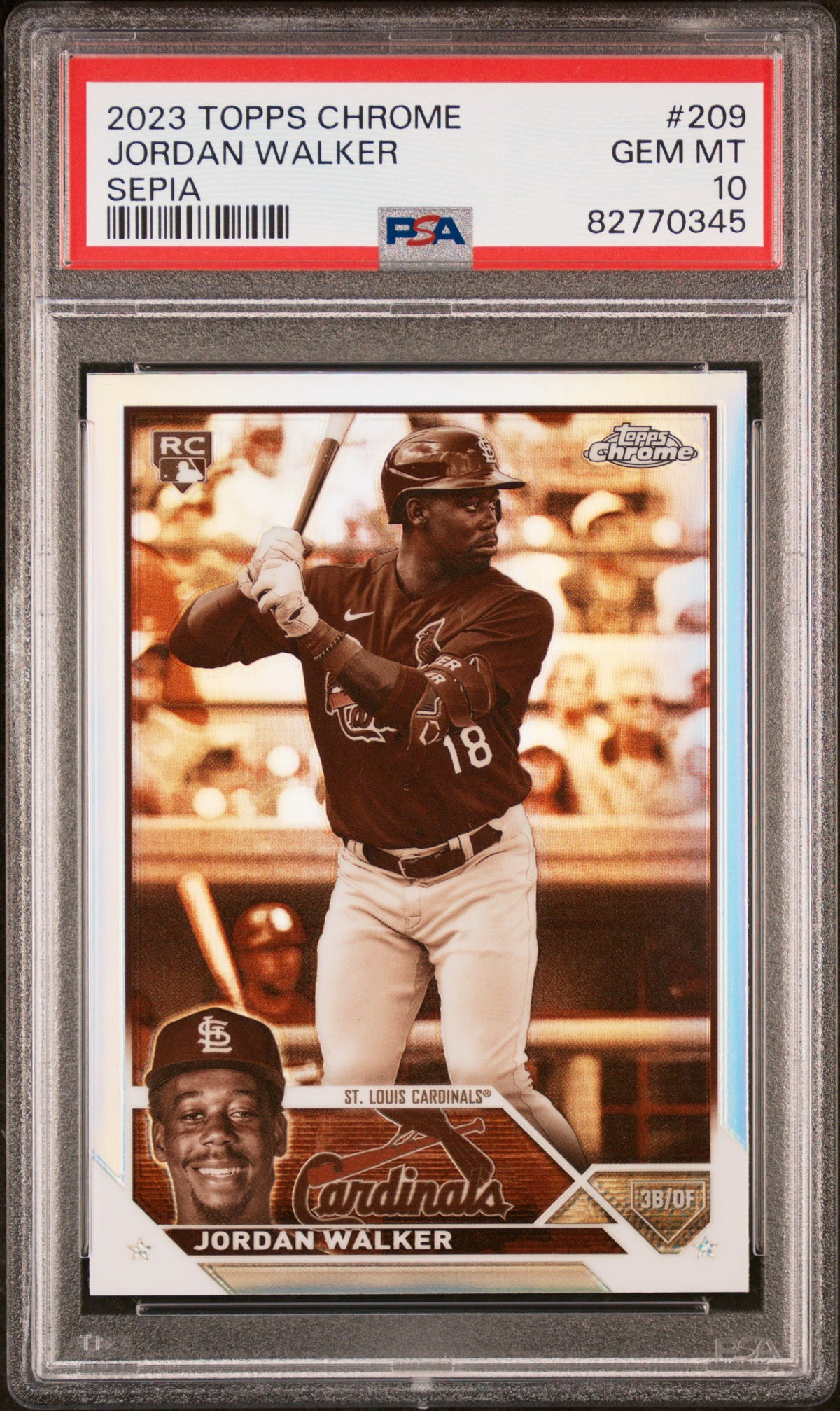 Jordan Walker 2023 Topps Chrome Sepia St. Louis Cardinals Baseball RC Rookie Card #209 Graded PSA 10 Cert #82770345