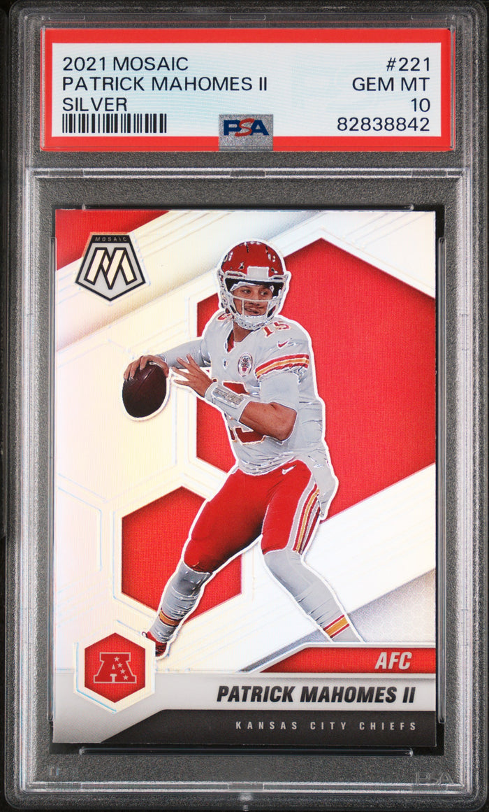 Patrick Mahomes II 2021 Panini Mosaic Silver Kansas City Chiefs Football Card #221 Graded PSA 10 Cert #82838842-Powers Sports Memorabilia