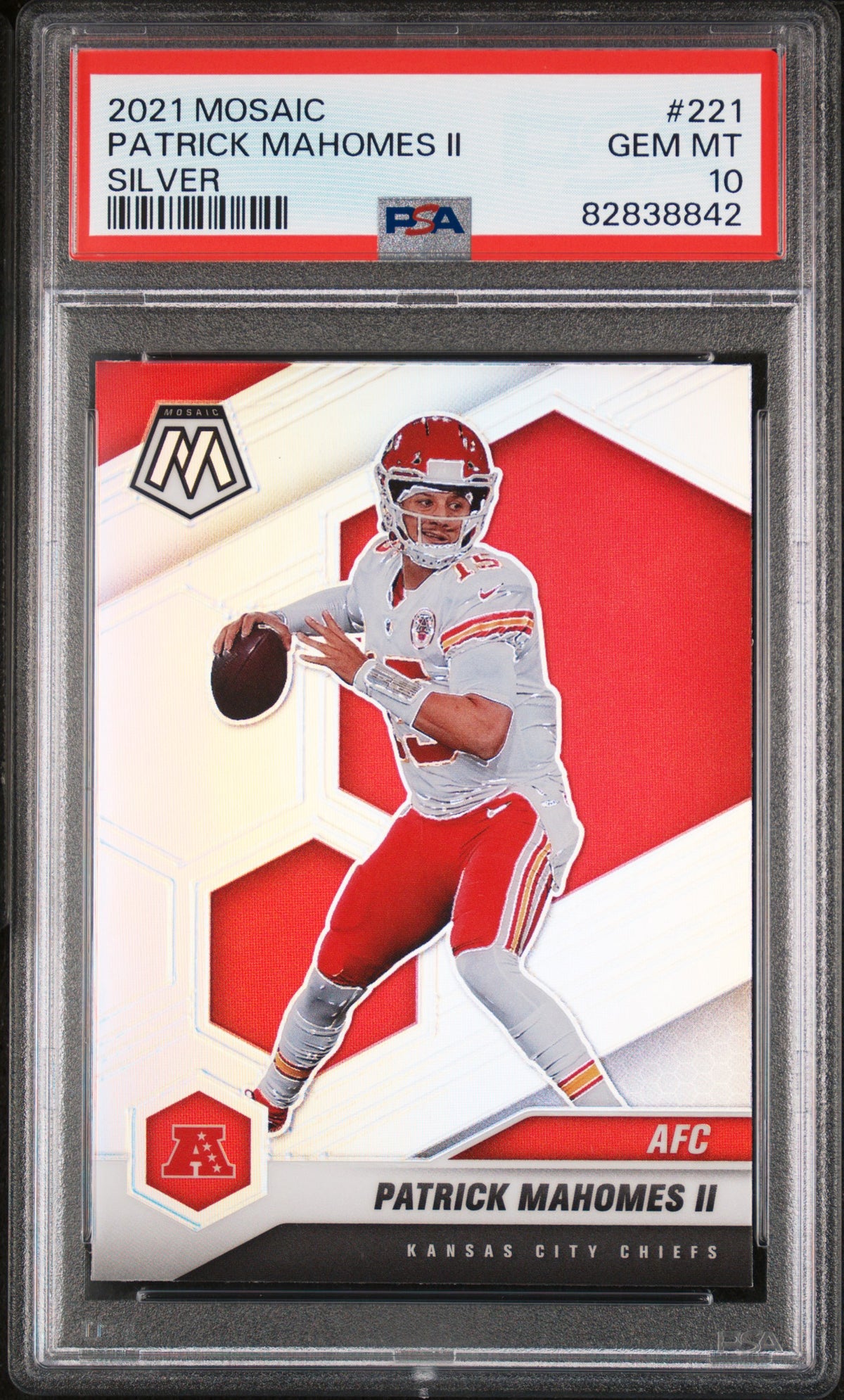 Patrick Mahomes II 2021 Panini Mosaic Silver Kansas City Chiefs Football Card #221 Graded PSA 10 Cert #82838842
