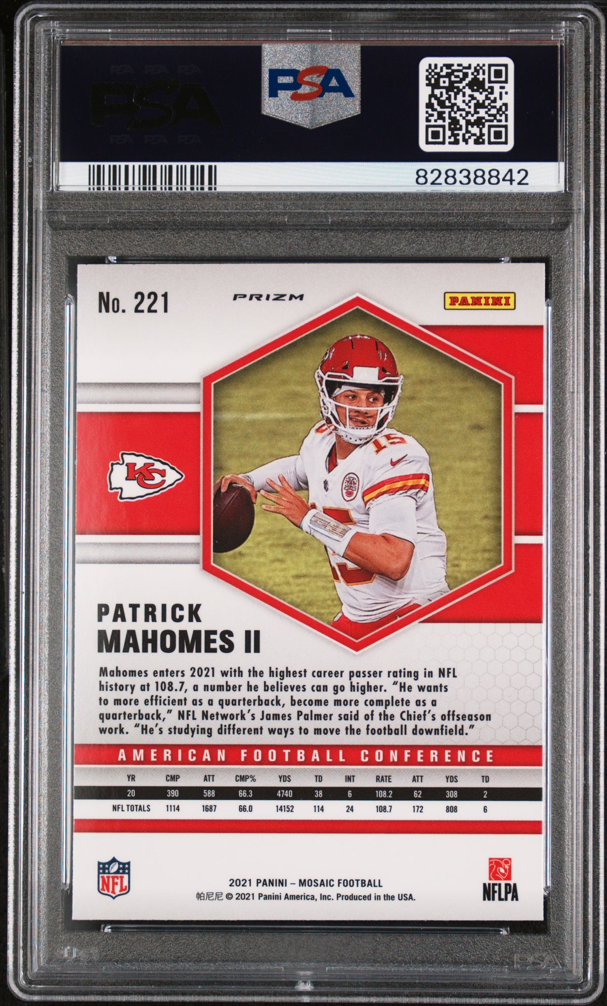 Patrick Mahomes II 2021 Panini Mosaic Silver Kansas City Chiefs Football Card #221 Graded PSA 10 Cert #82838842