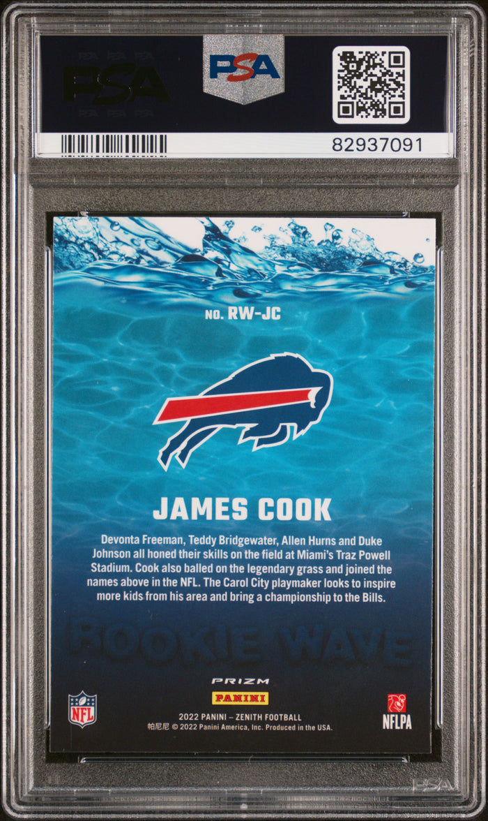 James Cook 2022 Zenith Rookie Wave Blue Football Rookie Card #RWJC Graded PSA 10 Cert #82937091-Powers Sports Memorabilia