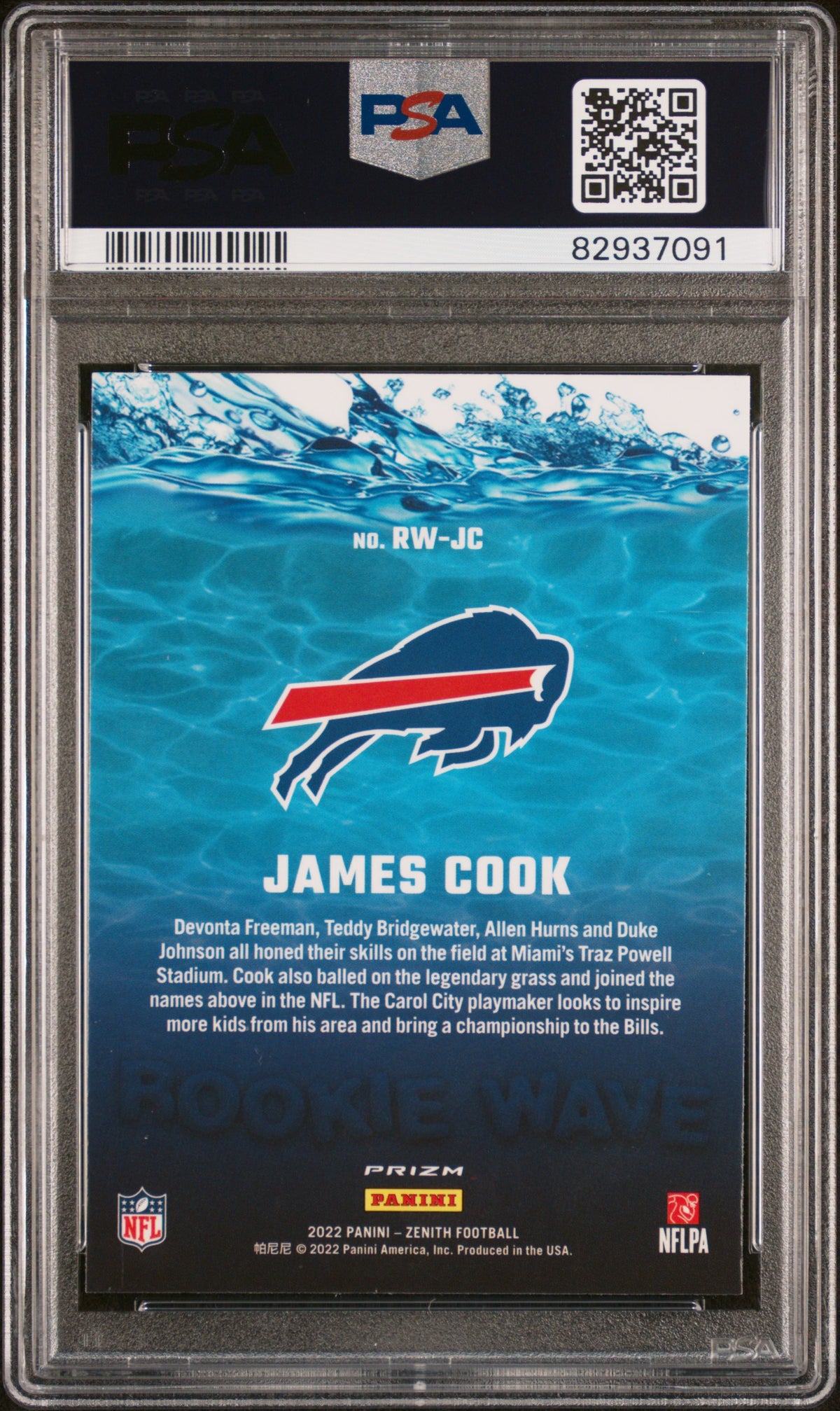 James Cook 2022 Zenith Rookie Wave Blue Football Rookie Card #RWJC Graded PSA 10 Cert #82937091-Powers Sports Memorabilia