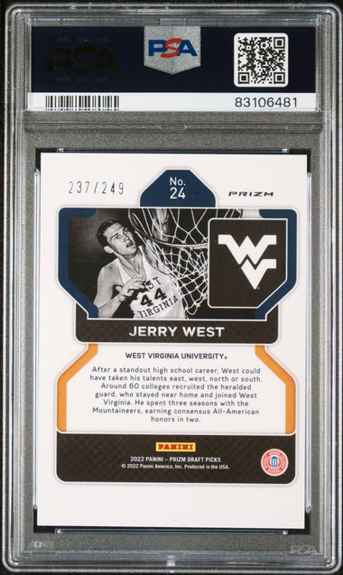 Jerry West 2022 Panini Prizm DP Blue Wave Signed Card #24 Auto PSA 10 237/249-Powers Sports Memorabilia