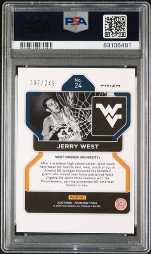 Jerry West 2022 Panini Prizm DP Blue Wave Signed Card #24 Auto PSA 10 237/249-Powers Sports Memorabilia