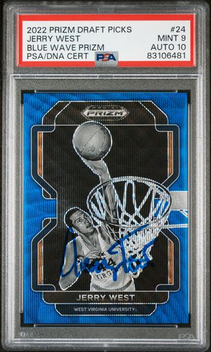 Jerry West 2022 Panini Prizm DP Blue Wave Signed Card #24 Auto PSA 10 237/249-Powers Sports Memorabilia