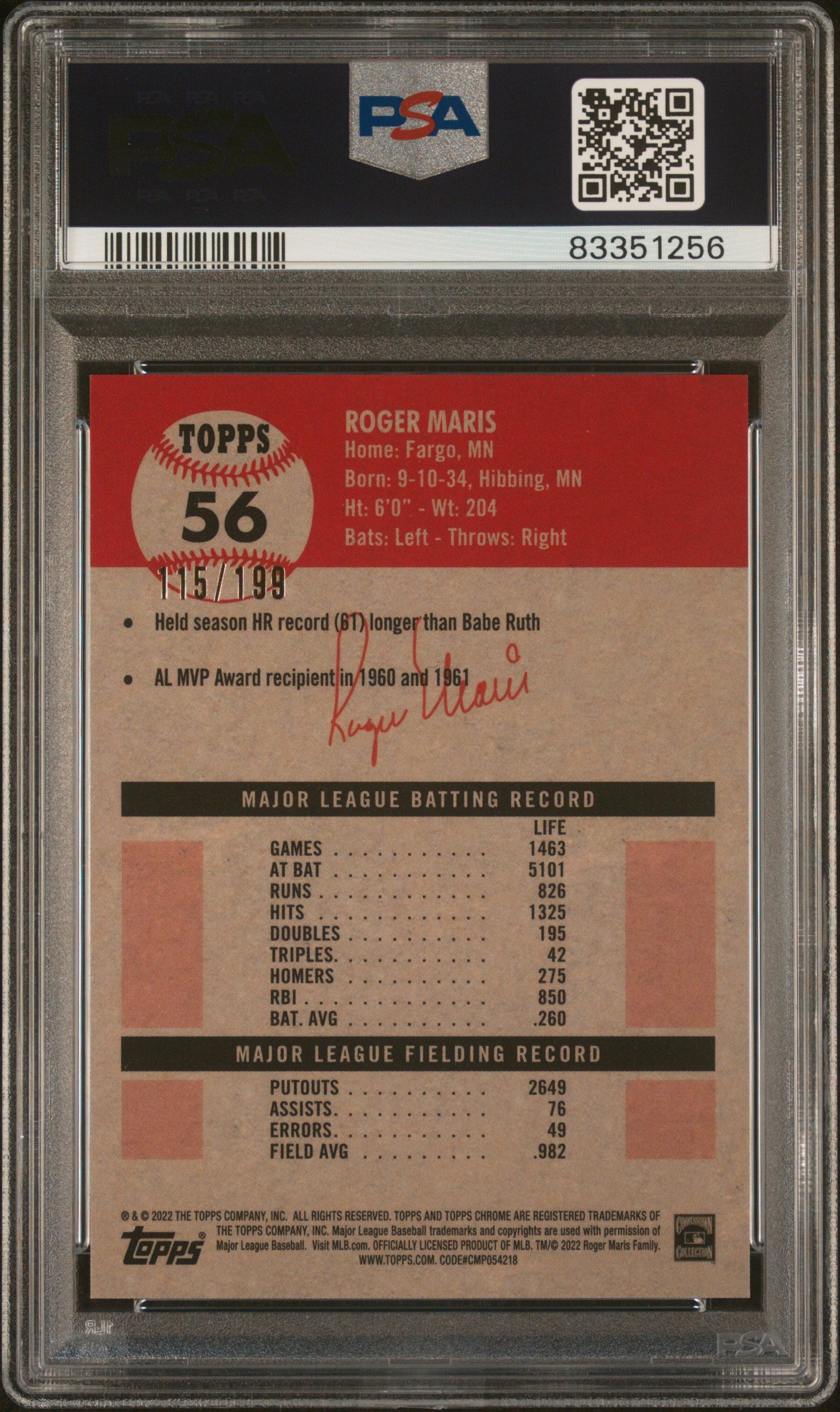 Roger Maris 2022 Topps Chrome White/Blue Refractor Baseball Card #56 Graded PSA 10 115/199-Powers Sports Memorabilia