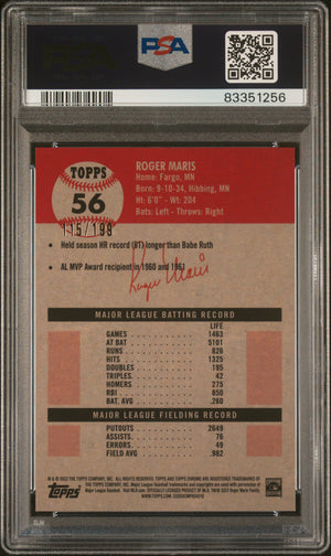 Roger Maris 2022 Topps Chrome White/Blue Refractor Baseball Card #56 Graded PSA 10 115/199-Powers Sports Memorabilia