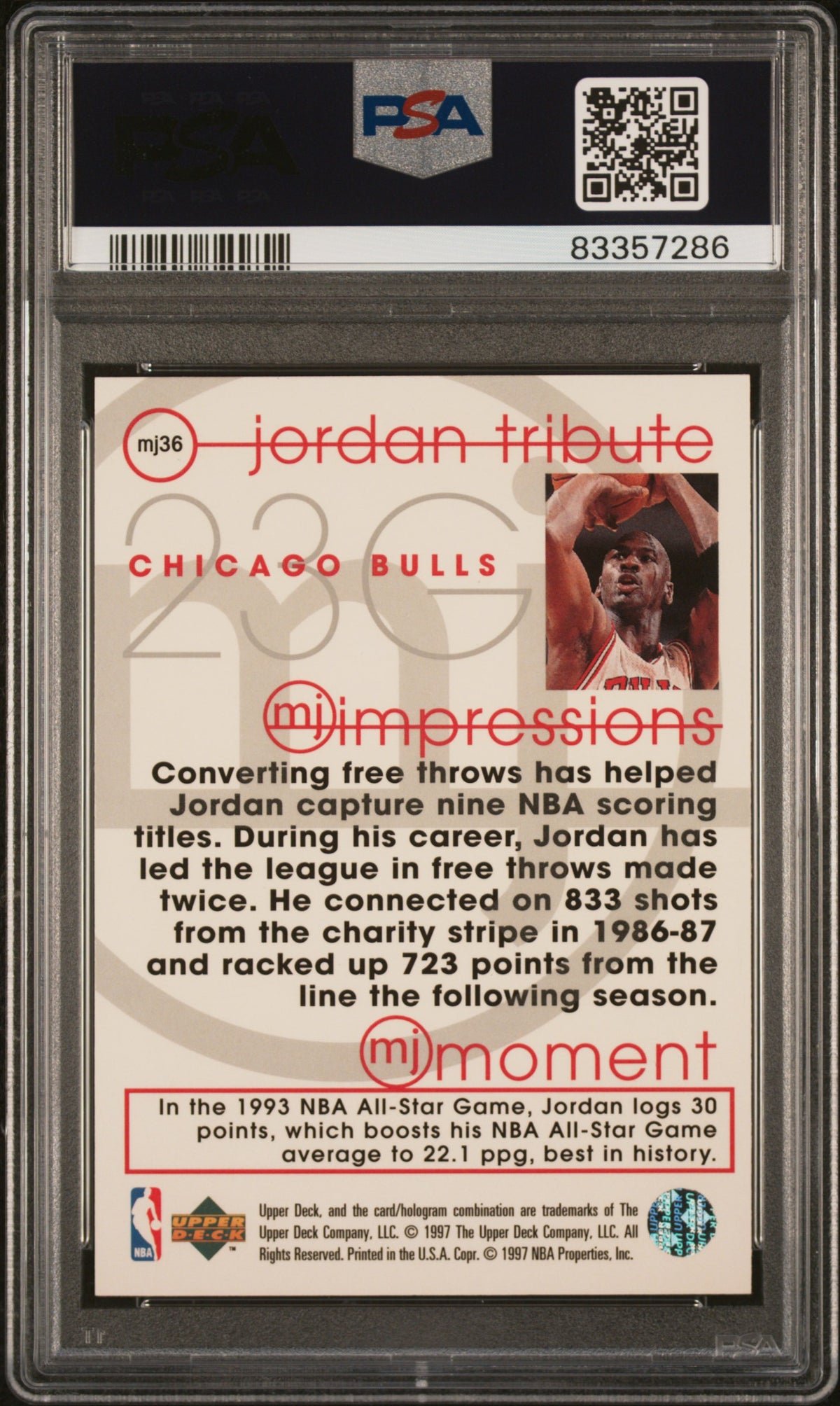 Michael Jordan 1996 Upper Deck MJ Tribute Card #MJ36 PSA 7