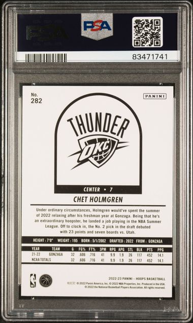 Chet Holmgren 2022 Panini Hoops Basketball Rookie Card #282 Graded PSA 10-Powers Sports Memorabilia