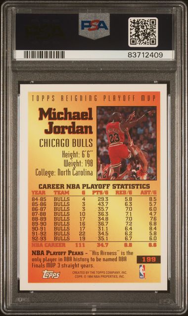 Michael Jordan 1993 Topps Basketball Card #199 Graded PSA 8-Powers Sports Memorabilia