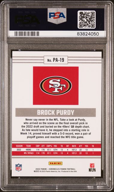 Brock Purdy 2022 Panini Chronicles Football Rookie Card #PA19 Graded PSA 8