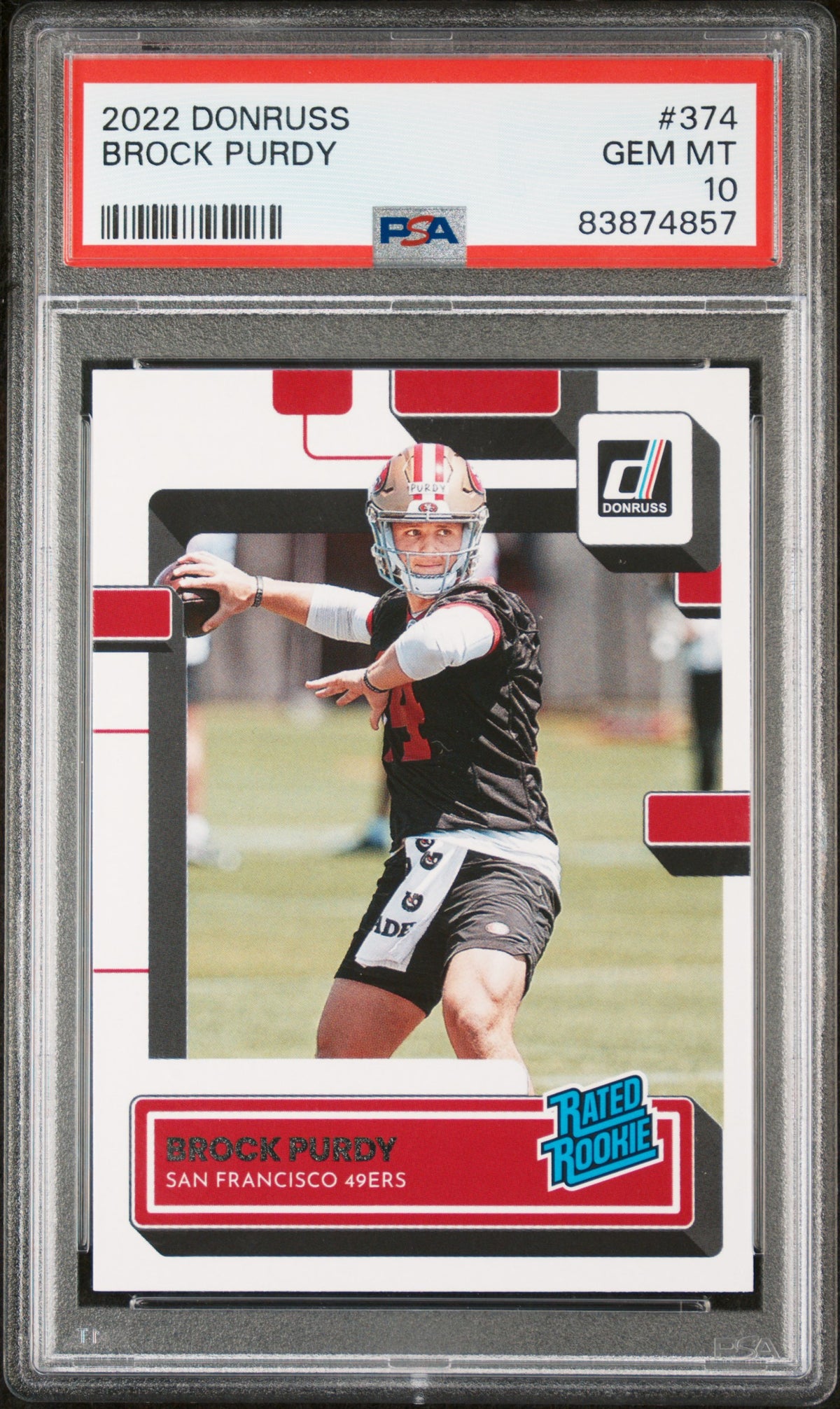 Brock Purdy 2022 Donruss Rated Rookie Football Card #374 Graded PSA 10 Cert 83874857-Powers Sports Memorabilia