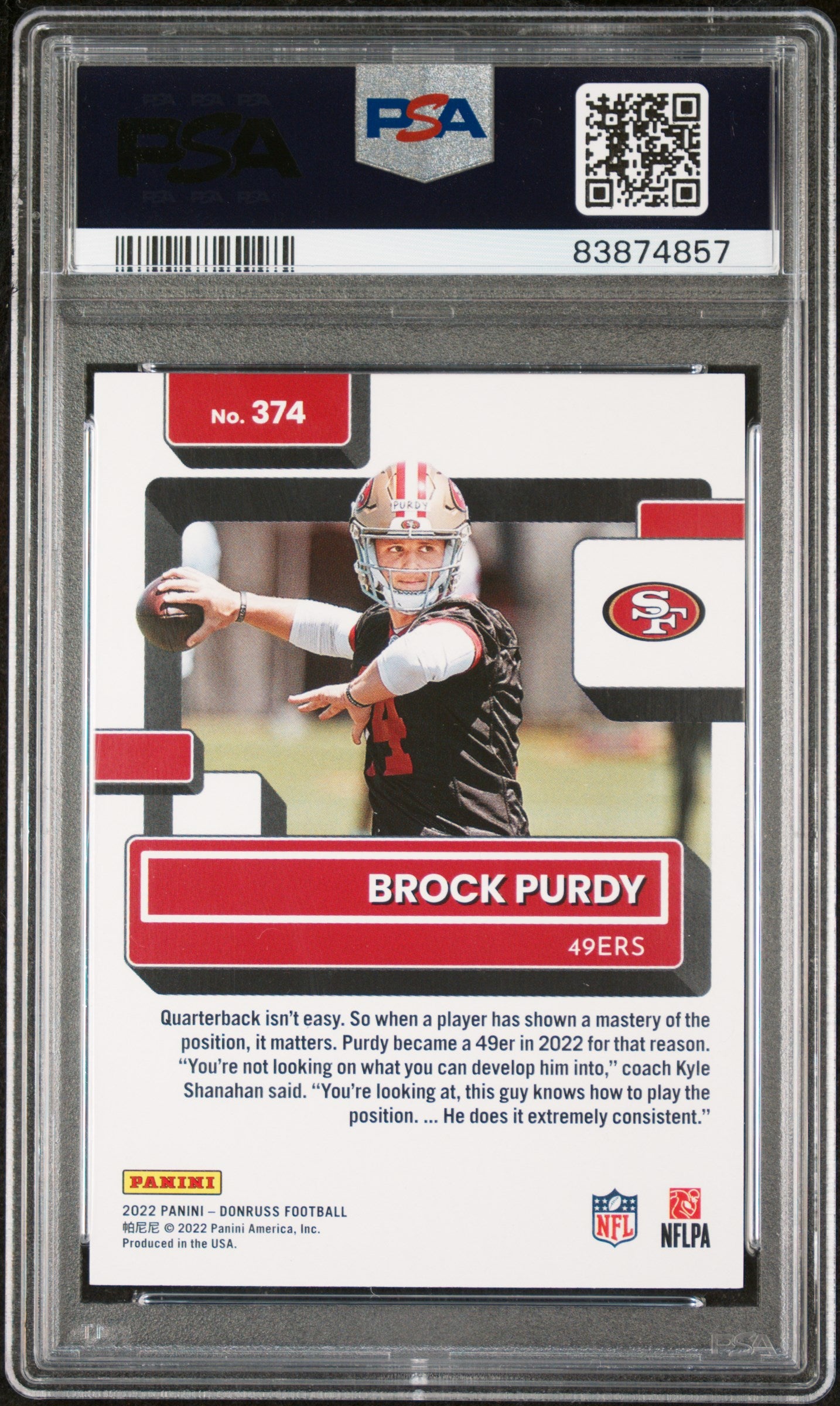 Brock Purdy 2022 Donruss Rated Rookie Football Card #374 Graded PSA 10 Cert 83874857-Powers Sports Memorabilia
