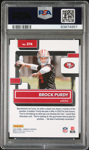Brock Purdy 2022 Donruss Rated Rookie Football Card #374 Graded PSA 10 Cert 83874857-Powers Sports Memorabilia