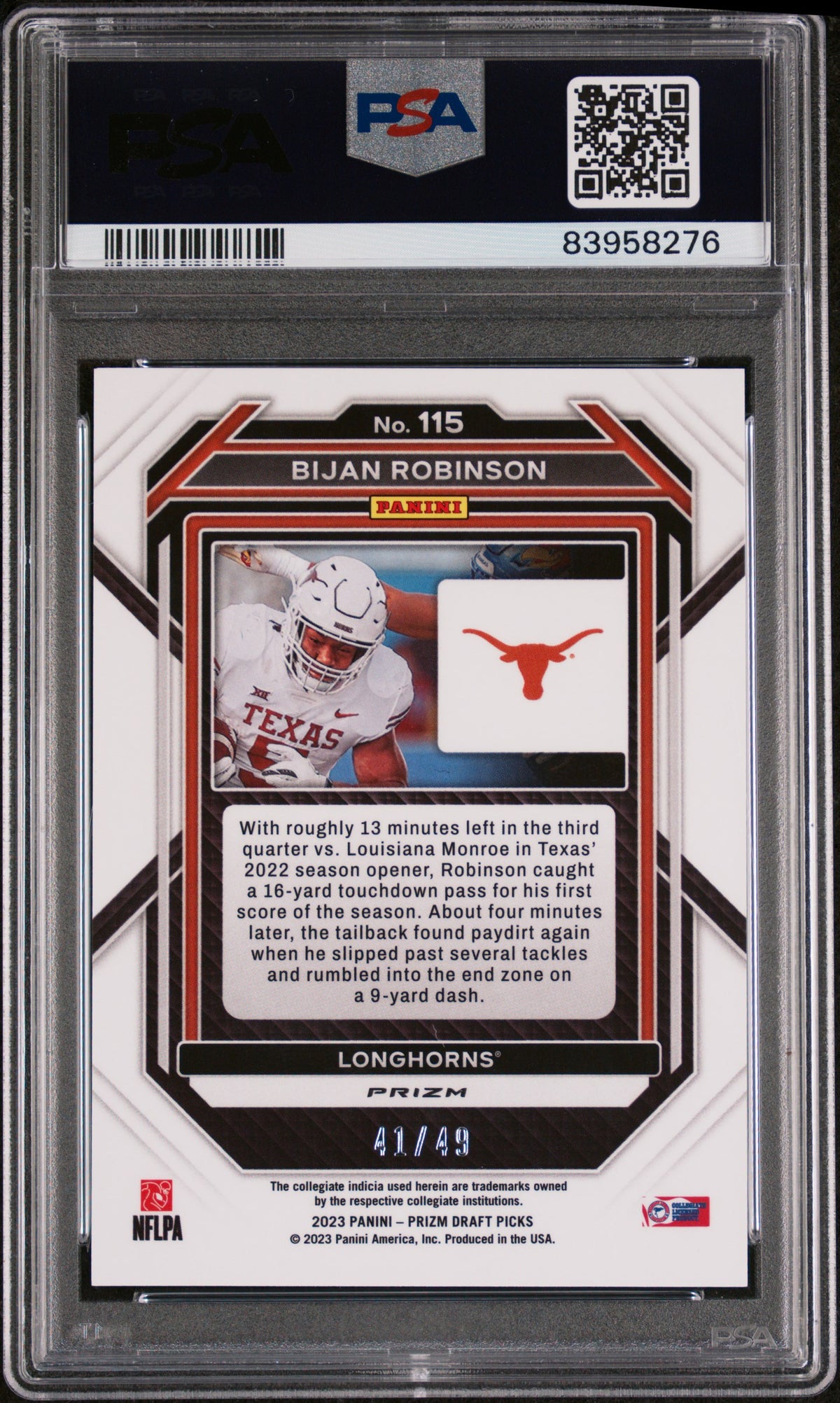 Bijan Robinson 2023 Panini Prizm Orange Pulsar Rookie Card #115 PSA 10 /49