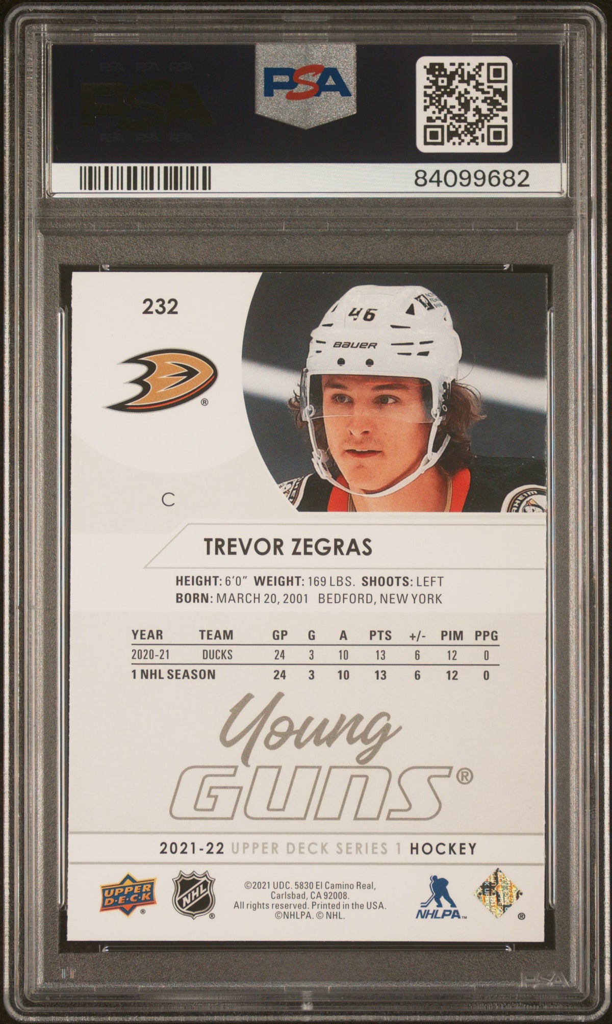 Trevor Zegras 2021 Upper Deck Anaheim Ducks Hockey Rookie Card RC #232 Graded PSA 10 Cert #84099682-Powers Sports Memorabilia