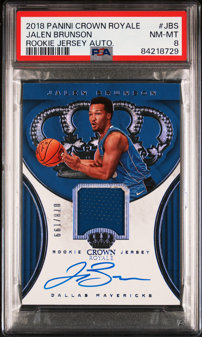 Jalen Brunson 2018 Panini Crown Royale Player Worn Jersey Auto Dallas Mavericks Signed Basketball RC Rookie Card #JBS 78/199 Graded PSA 8 Cert #84218729-Powers Sports Memorabilia