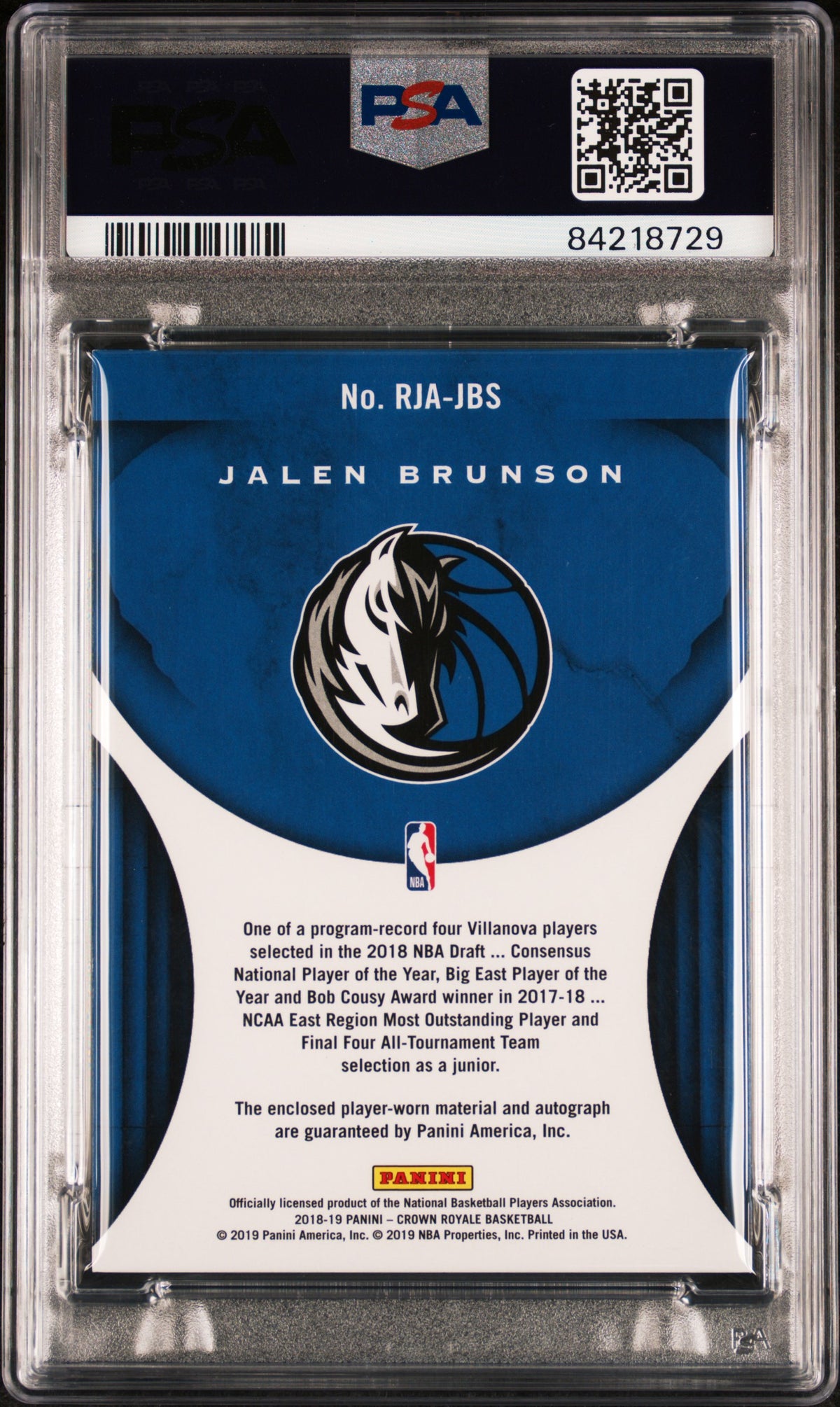 Jalen Brunson 2018 Panini Crown Royale Player Worn Jersey Auto Dallas Mavericks Signed Basketball RC Rookie Card #JBS 78/199 Graded PSA 8 Cert #84218729