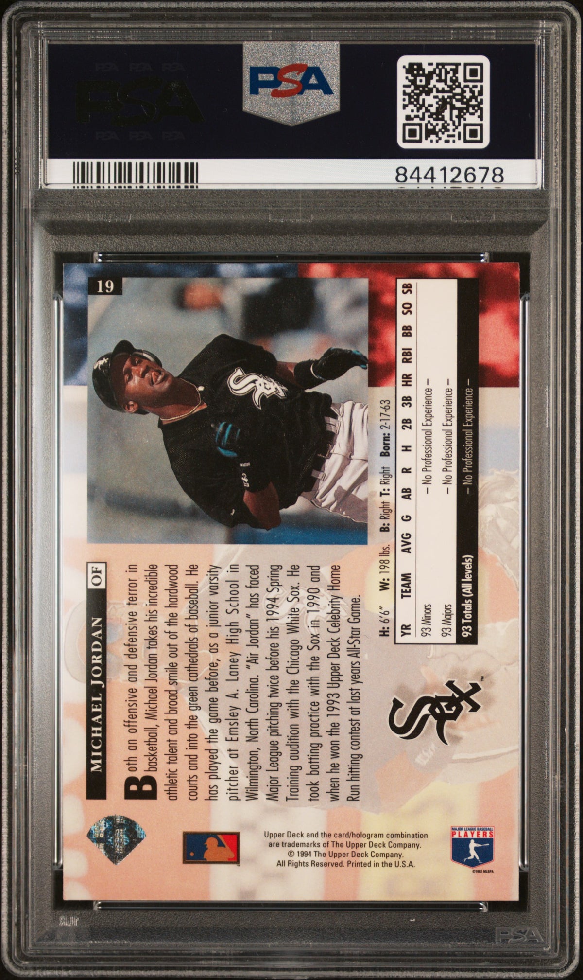 Michael Jordan 1994 Upper Deck Chicago White Sox Baseball Star Card #19 Graded PSA 8 Cert #84412678-Powers Sports Memorabilia