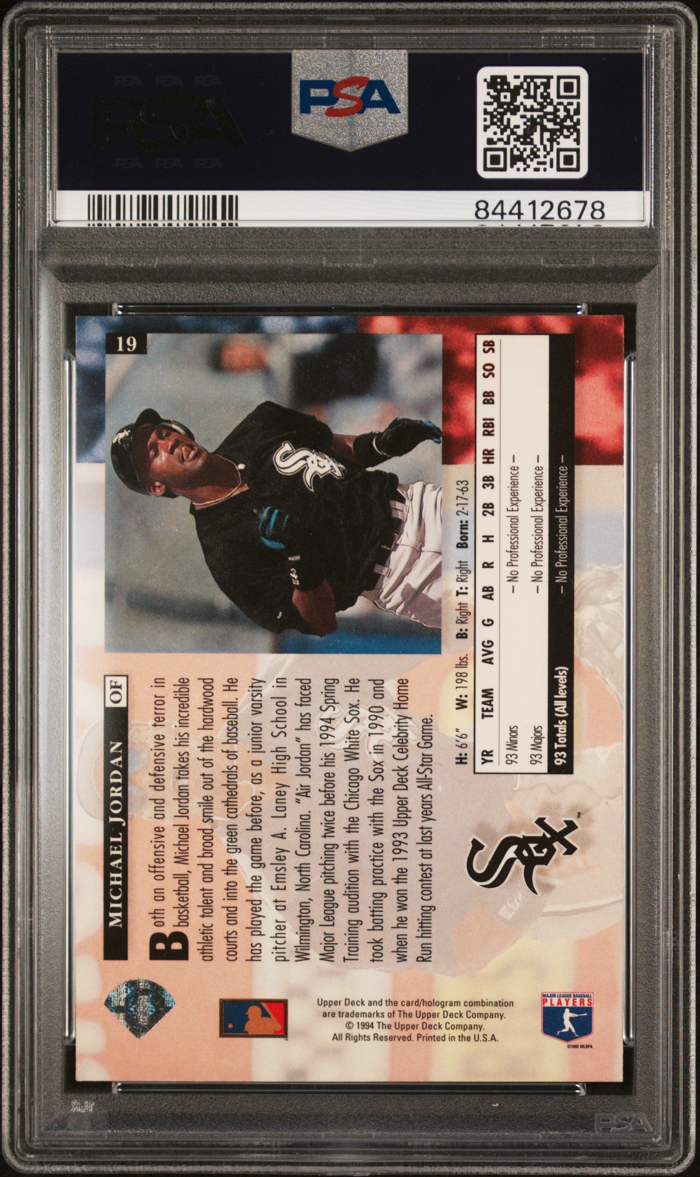Michael Jordan 1994 Upper Deck Chicago White Sox Baseball Star Card #19 Graded PSA 8 Cert #84412678-Powers Sports Memorabilia