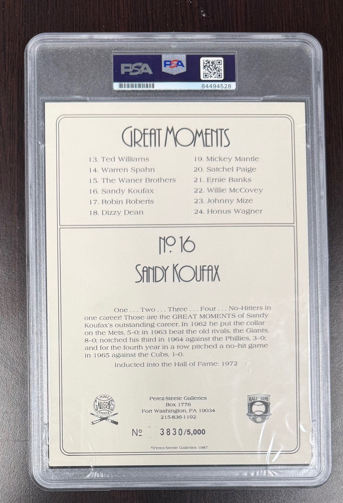 Sandy Koufax Perez-Steele Great Moments Signed Baseball Card Graded PSA Authentic Auto Cert #84494528-Powers Sports Memorabilia