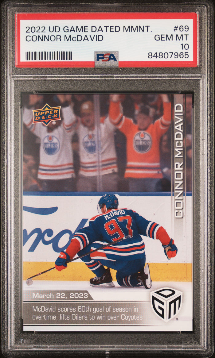 Connor McDavid 2022 Upper Deck Game Dated Moments Hockey Card #69 Graded PSA 10 Cert #84807965 /599-Powers Sports Memorabilia