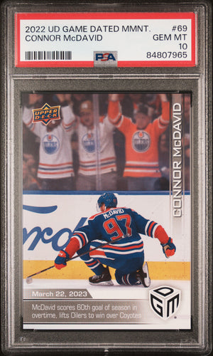 Connor McDavid 2022 Upper Deck Game Dated Moments Hockey Card #69 Graded PSA 10 Cert #84807965 /599-Powers Sports Memorabilia