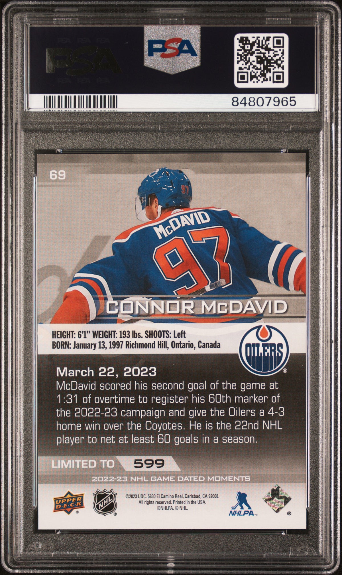 Connor McDavid 2022 Upper Deck Game Dated Moments Hockey Card #69 Graded PSA 10 Cert #84807965 /599-Powers Sports Memorabilia
