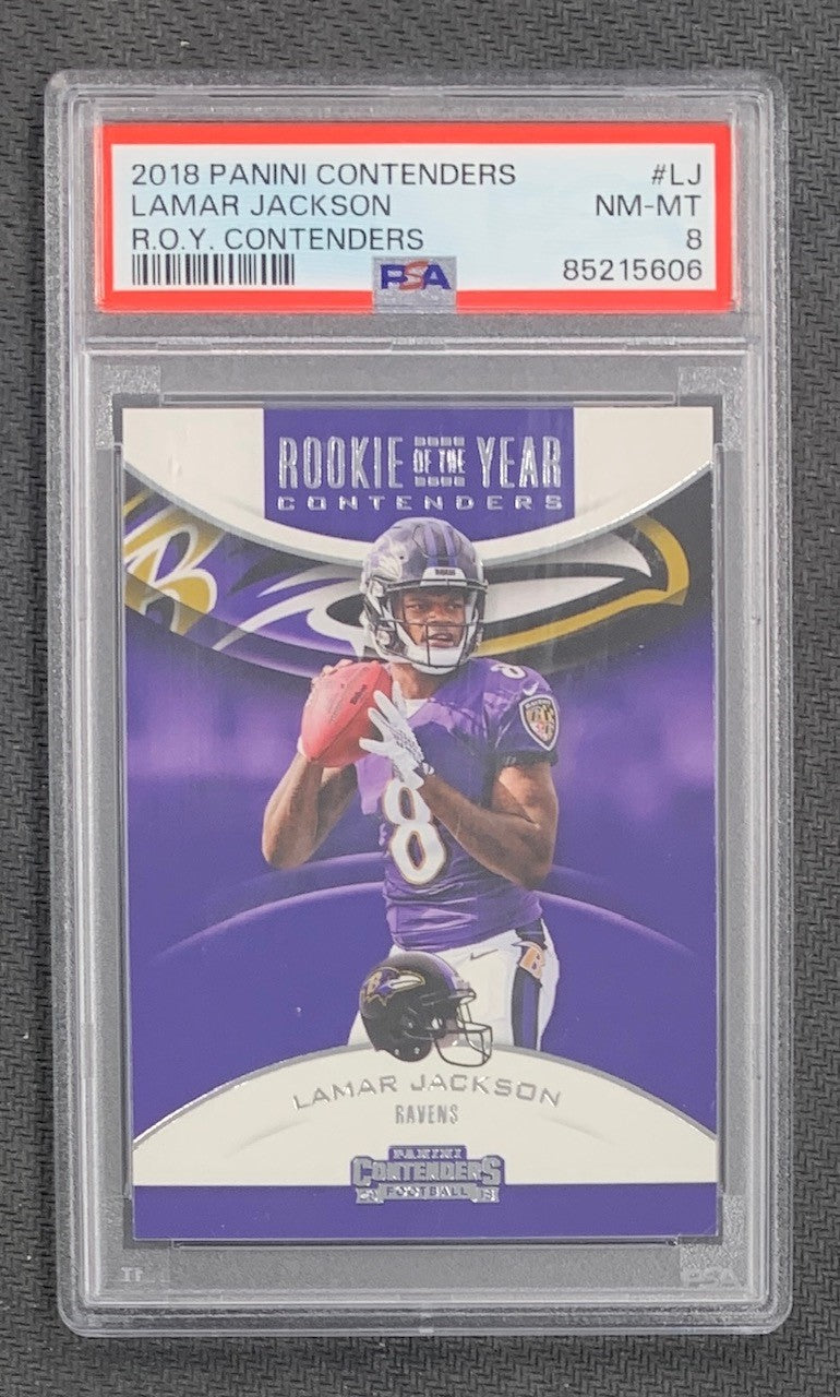 Lamar Jackson 2018 Panini Contenders Football Rookie Card #LJ Graded PSA 8-Powers Sports Memorabilia