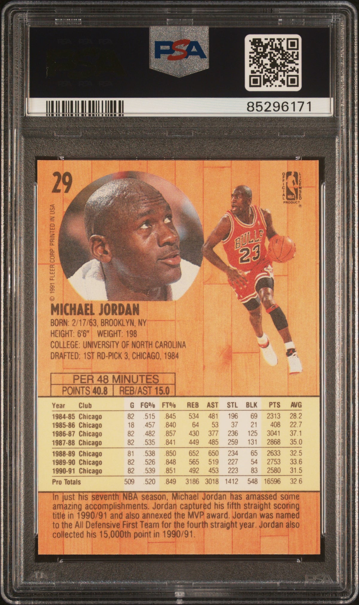 Michael Jordan 1991 Fleer Chicago Bulls Basketball Card #29 Graded PSA 8 Cert #85296171-Powers Sports Memorabilia