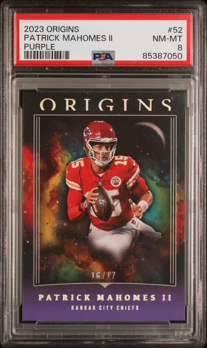 Patrick Mahomes II 2023 Panini Origins Purple Football Card #52 Graded PSA 8 16/17 Cert #85387050-Powers Sports Memorabilia