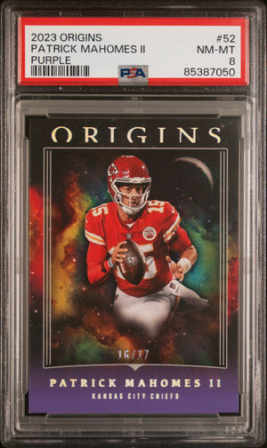 Patrick Mahomes II 2023 Panini Origins Purple Football Card #52 Graded PSA 8 16/17 Cert #85387050-Powers Sports Memorabilia