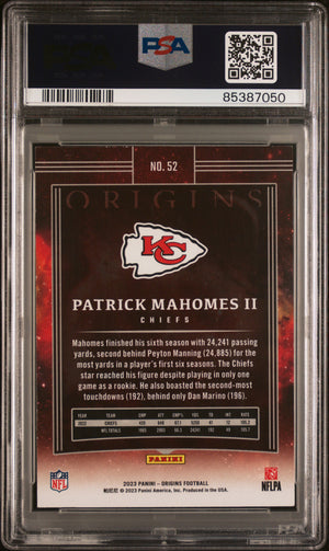 Patrick Mahomes II 2023 Panini Origins Purple Football Card #52 Graded PSA 8 16/17 Cert #85387050-Powers Sports Memorabilia