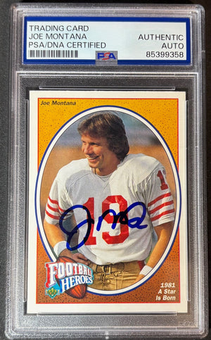 Joe Montana 1991 Upper Deck Football Heroes A Star Is Born Signed Football Card PSA DNA Certified Auto Authentic Cert #85399358-Powers Sports Memorabilia