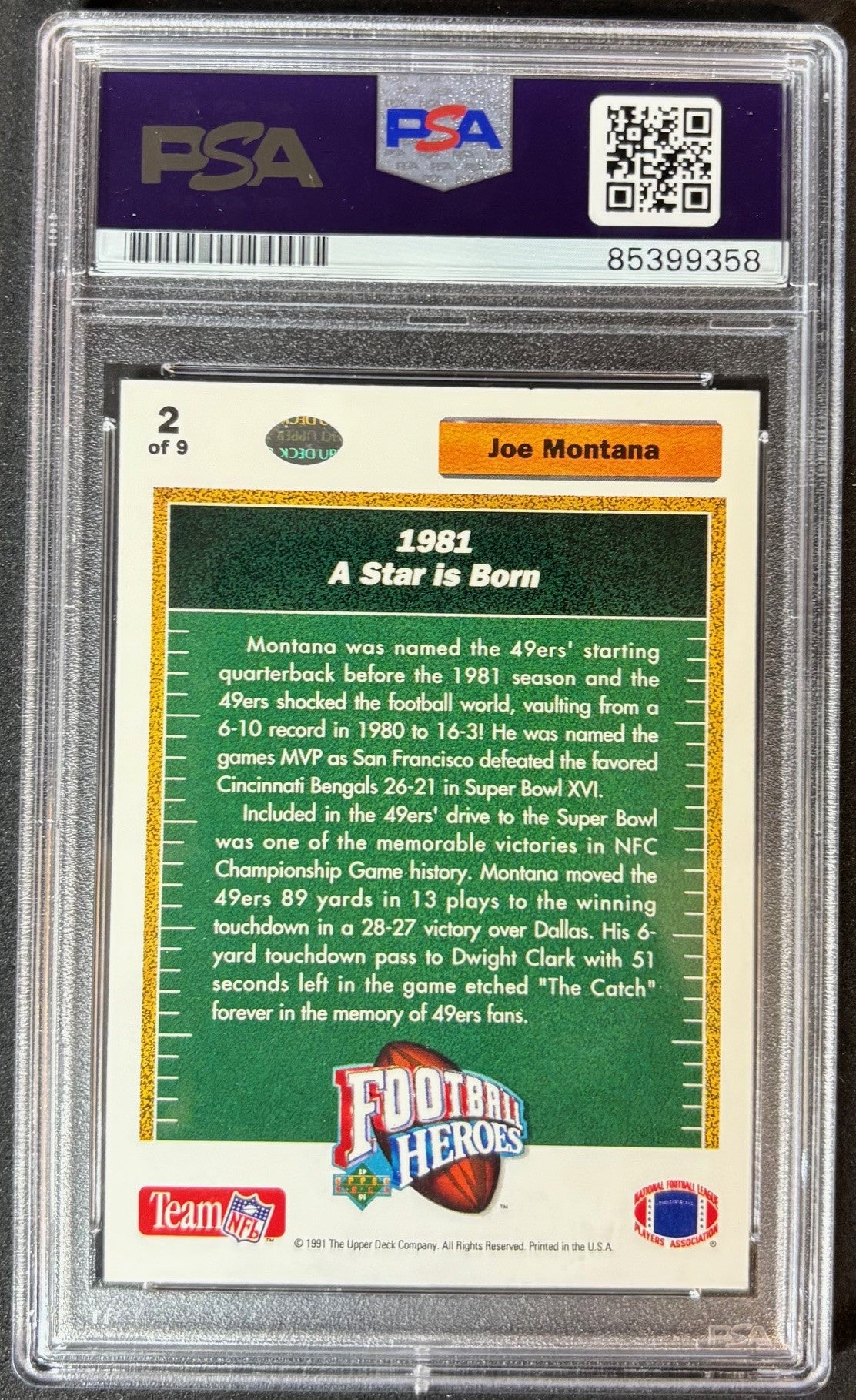 Joe Montana 1991 Upper Deck Football Heroes A Star Is Born Signed Football Card PSA DNA Certified Auto Authentic Cert #85399358-Powers Sports Memorabilia