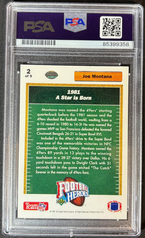 Joe Montana 1991 Upper Deck Football Heroes A Star Is Born Signed Football Card PSA DNA Certified Auto Authentic Cert #85399358-Powers Sports Memorabilia