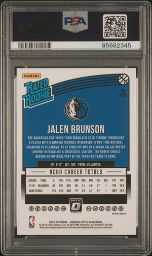 Jalen Brunson 2018 Panini Donruss Optic Blue Velocity Dallas Mavericks Signed Basketball Rated Rookie RC Card #179 Graded PSA 9 Auto 10 Cert #85682345