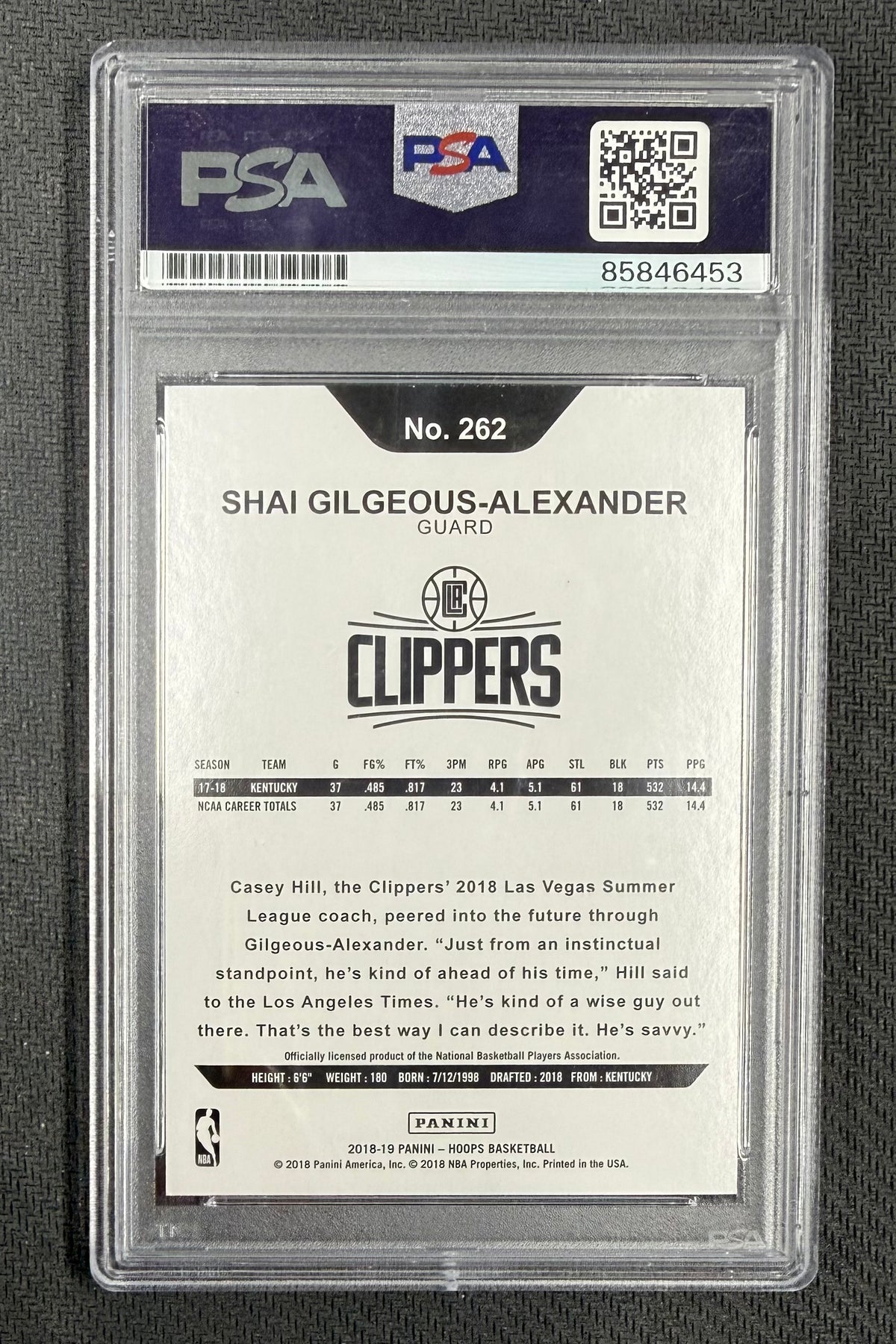 Shai Gilgeous-Alexander 2018 Hoops Rookie Card #262 PSA Auto