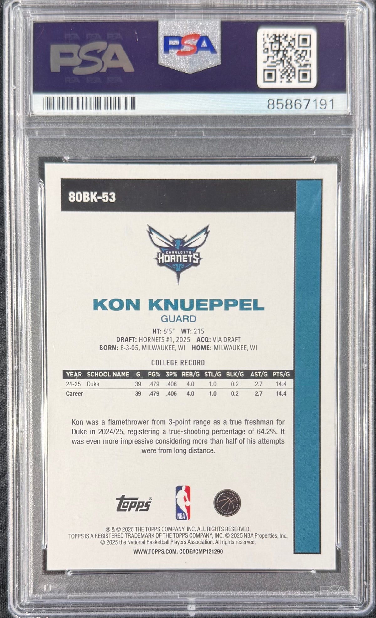 Kon Knueppel 2025 Topps Rookie Card #80BK-53 PSA Auto Authentic