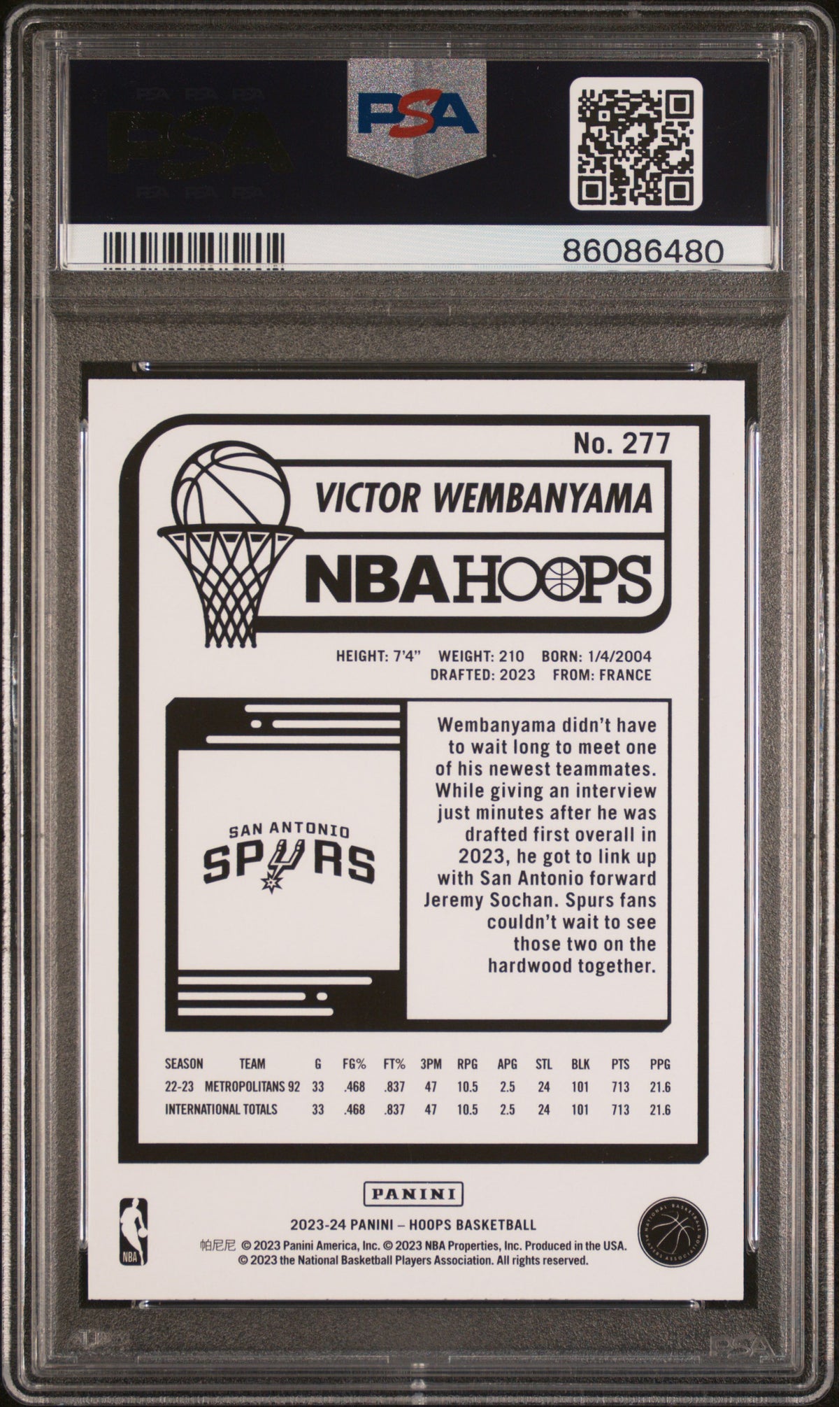 Victor Wembanyama 2023 NBA Hoops San Antonio Spurs Basketball Rookie Card #277 Graded PSA 9 Cert #86086480-Powers Sports Memorabilia
