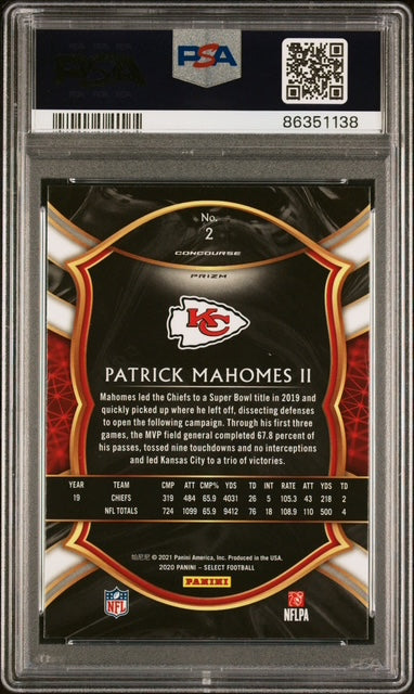 Patrick Mahomes II 2020 Panini Select Silver Prizm Kansas City Chiefs Football Card #2 Graded PSA 10 Cert #86351138