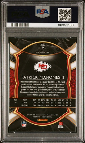 Patrick Mahomes II 2020 Panini Select Silver Prizm Kansas City Chiefs Football Card #2 Graded PSA 10 Cert #86351138