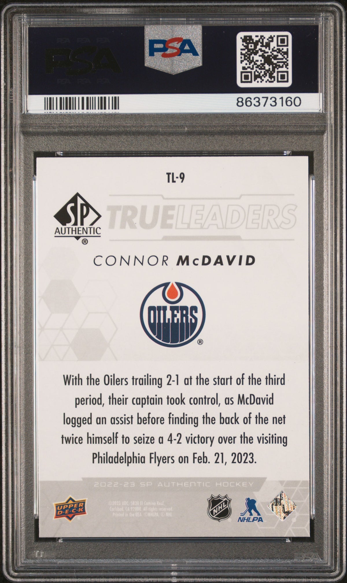 Connor McDavid 2022 SP Authentic True Leaders Hockey Card #TL9 Graded PSA 10 Cert #86373160-Powers Sports Memorabilia