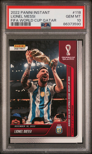 Lionel Messi 2022 Panini Instant FIFA World Cup Champions Qatar Argentina Soccer Card #118 Graded PSA 10 Cert #86373590-Powers Sports Memorabilia