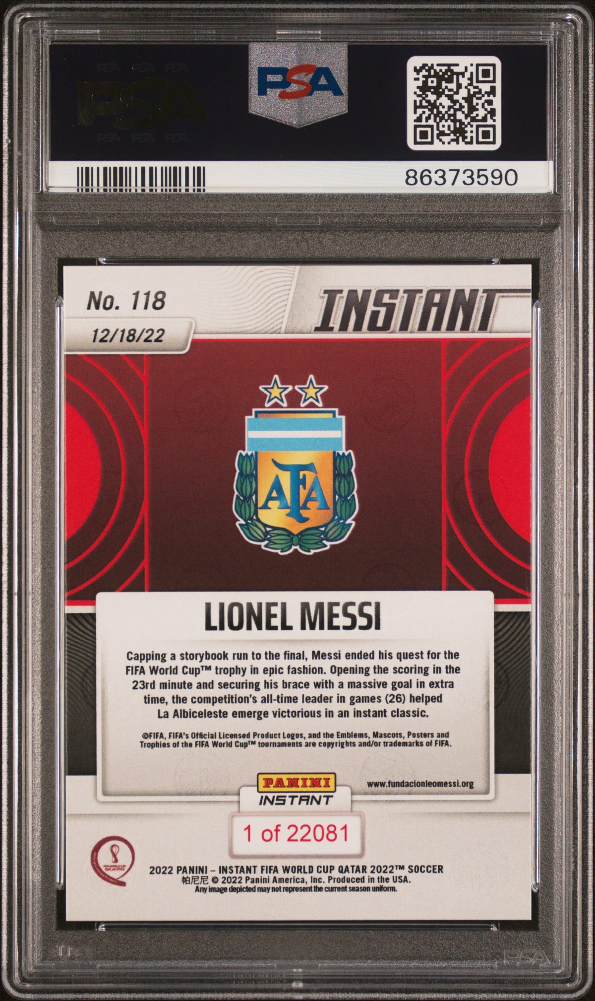 Lionel Messi 2022 Panini Instant FIFA World Cup Champions Qatar Argentina Soccer Card #118 Graded PSA 10 Cert #86373590-Powers Sports Memorabilia