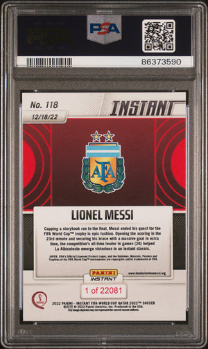 Lionel Messi 2022 Panini Instant FIFA World Cup Champions Qatar Argentina Soccer Card #118 Graded PSA 10 Cert #86373590-Powers Sports Memorabilia
