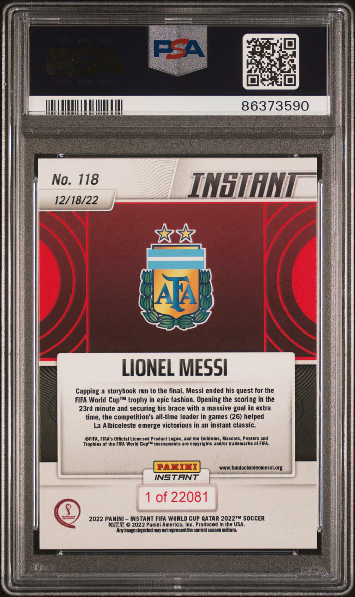 Lionel Messi 2022 Panini Instant FIFA World Cup Champions Qatar Argentina Soccer Card #118 Graded PSA 10 Cert #86373590-Powers Sports Memorabilia